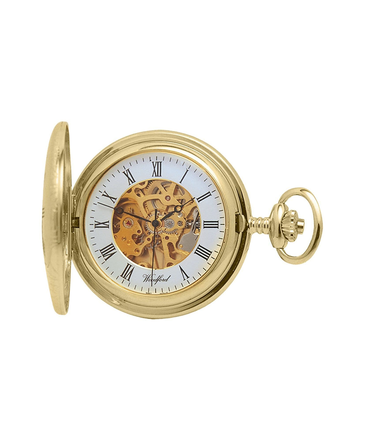 Mechanical Gold Plated Patterned Skeleton Dial Pocket Watch With Chain