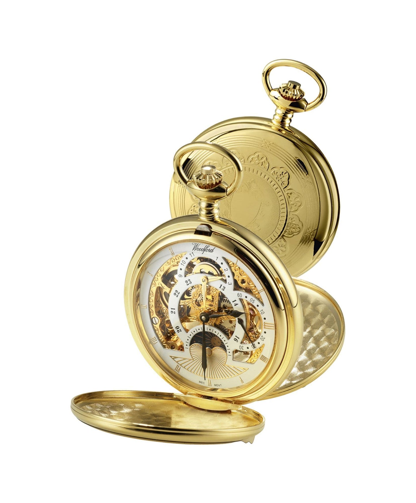 Mechanical Gold Plated Twin Time Zone Pocket Watch With Chain