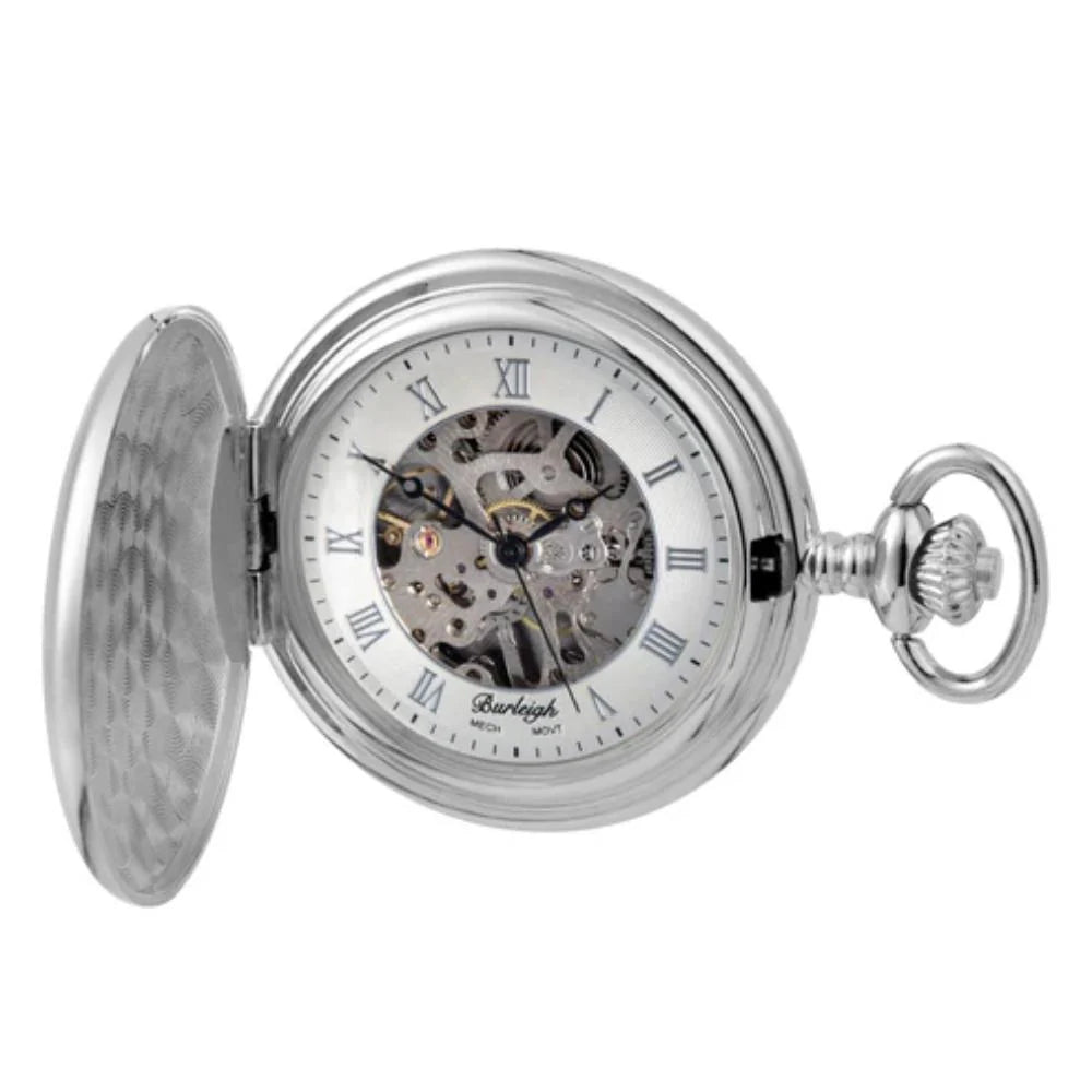 Mechanical Chrome Plated Pocket Watch Skeleton With Chain