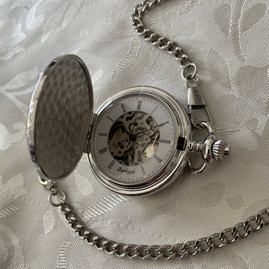 Mechanical Chrome Plated Pocket Watch Skeleton With Chain