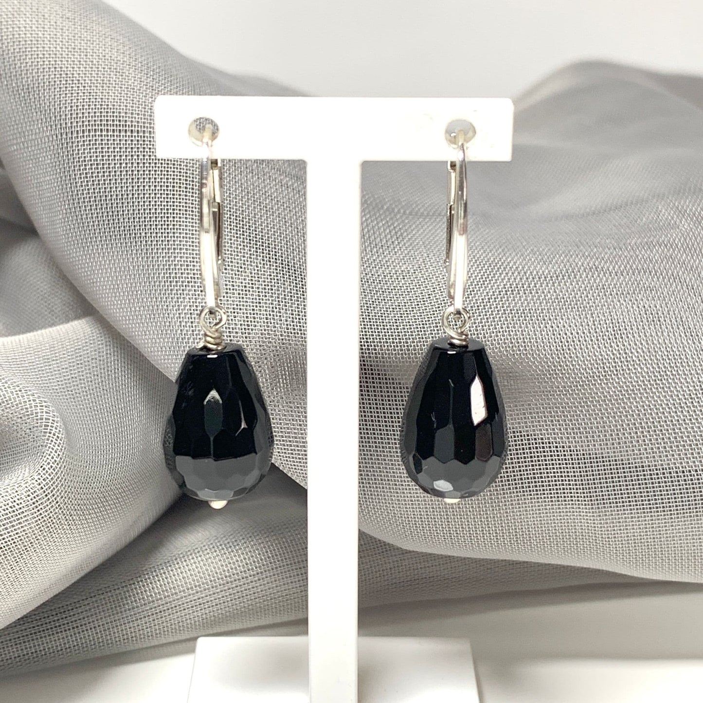 Medium Onyx Teardrop Shaped Sterling Silver Drop Earrings