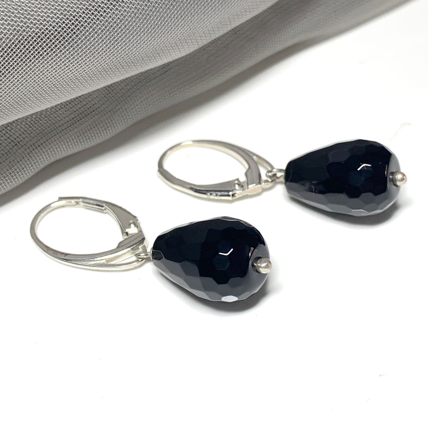 Medium Onyx Teardrop Shaped Sterling Silver Drop Earrings