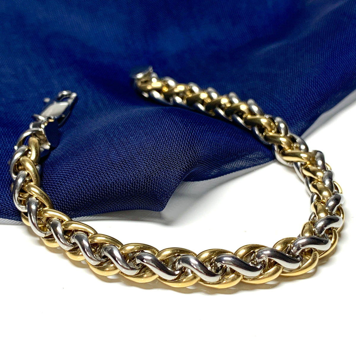 Men's heavy solid bracelet two tone stainless steel & gold plated 8.25 inch
