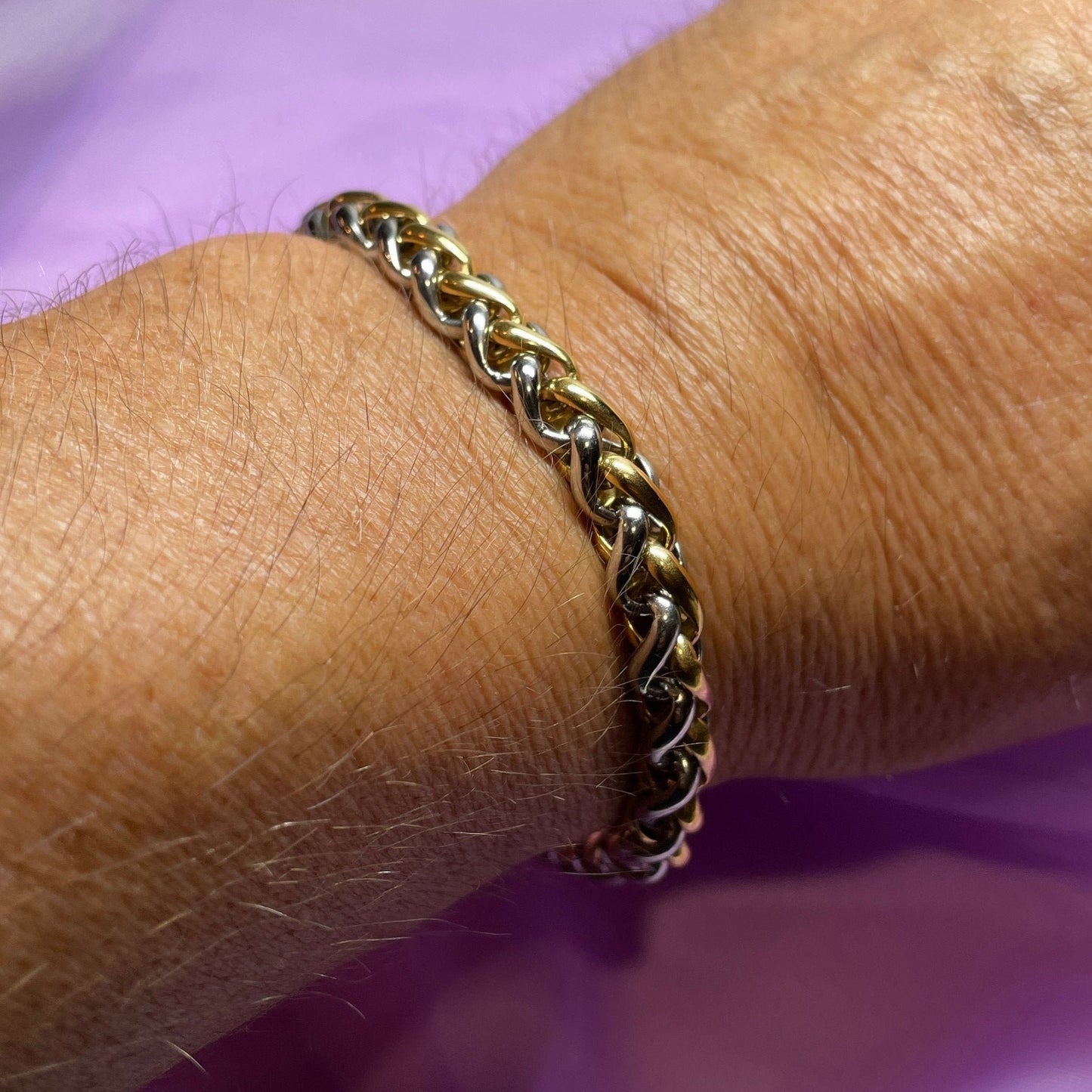 Men's heavy solid bracelet two tone stainless steel & gold plated 8.25 inch