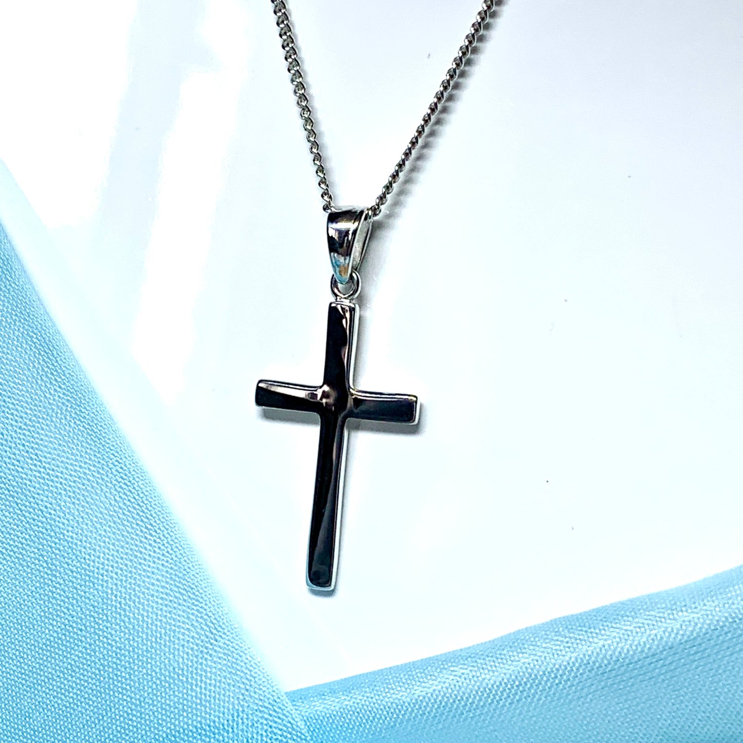 Men’s large solid cross necklace plain polished sterling silver
