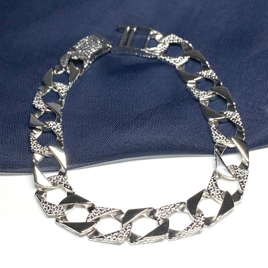 Men's solid 27g sterling silver extra heavyweight 9 inch half patterned bark effect curb bracelet