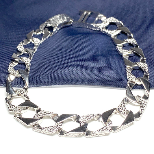 Men's solid 27g sterling silver extra heavyweight 9 inch half patterned bark effect curb bracelet