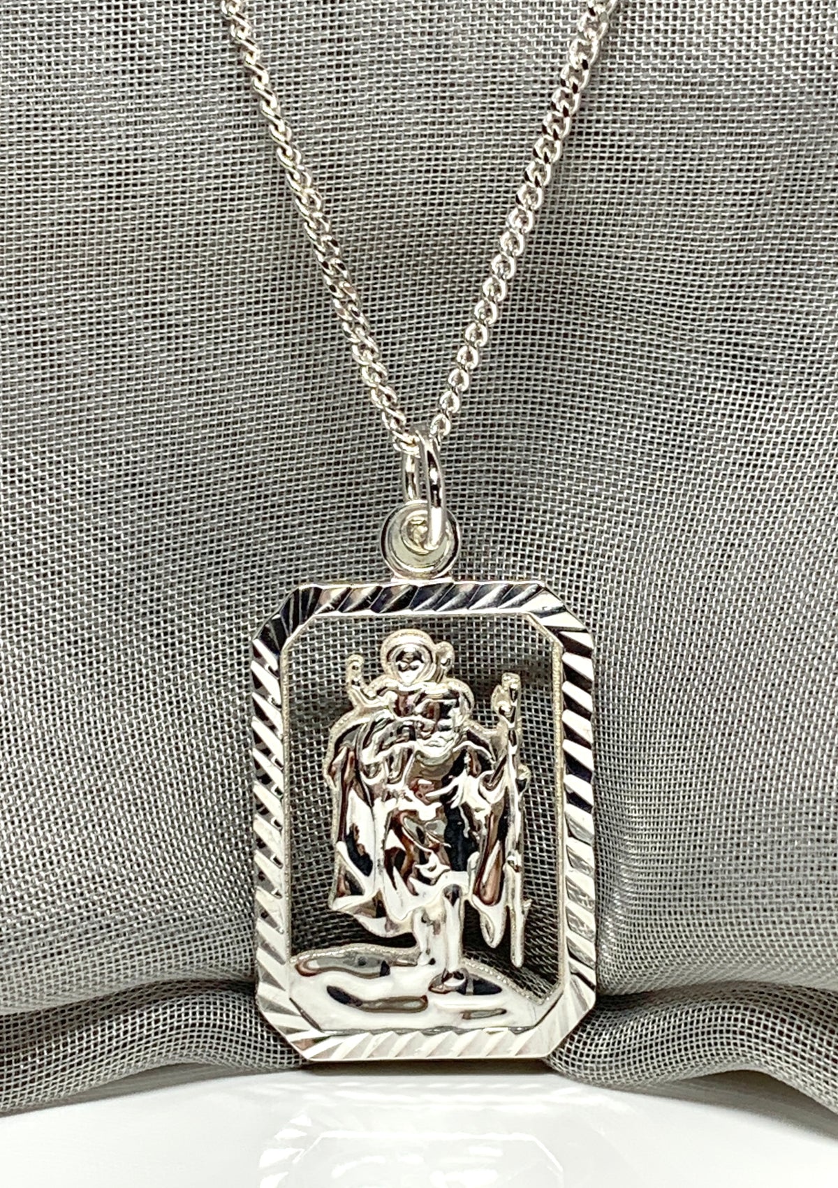 Mens solid sterling silver octagonal rectangle open pierced St.Christopher