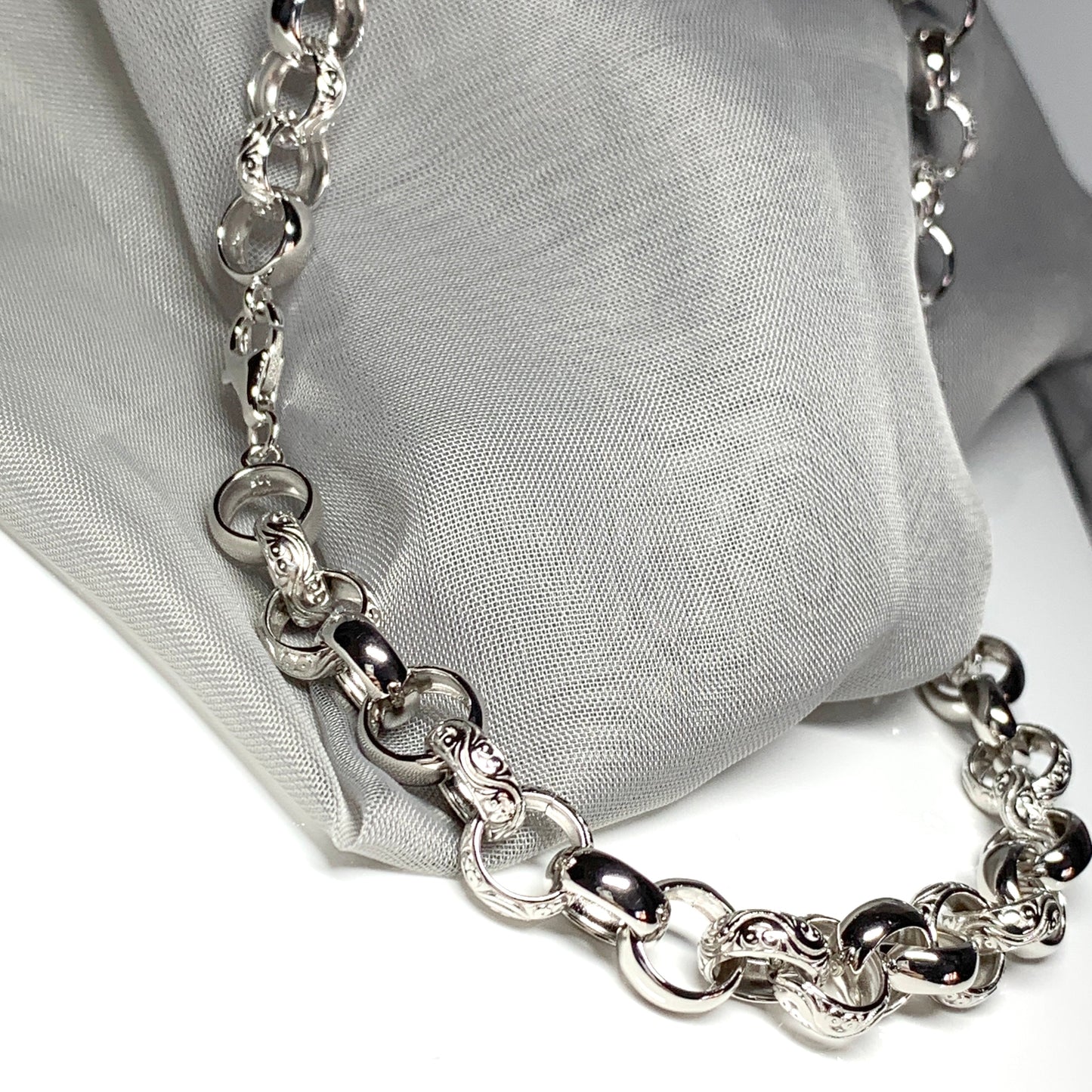 Men's solid sterling silver patterned round belcher chain necklace