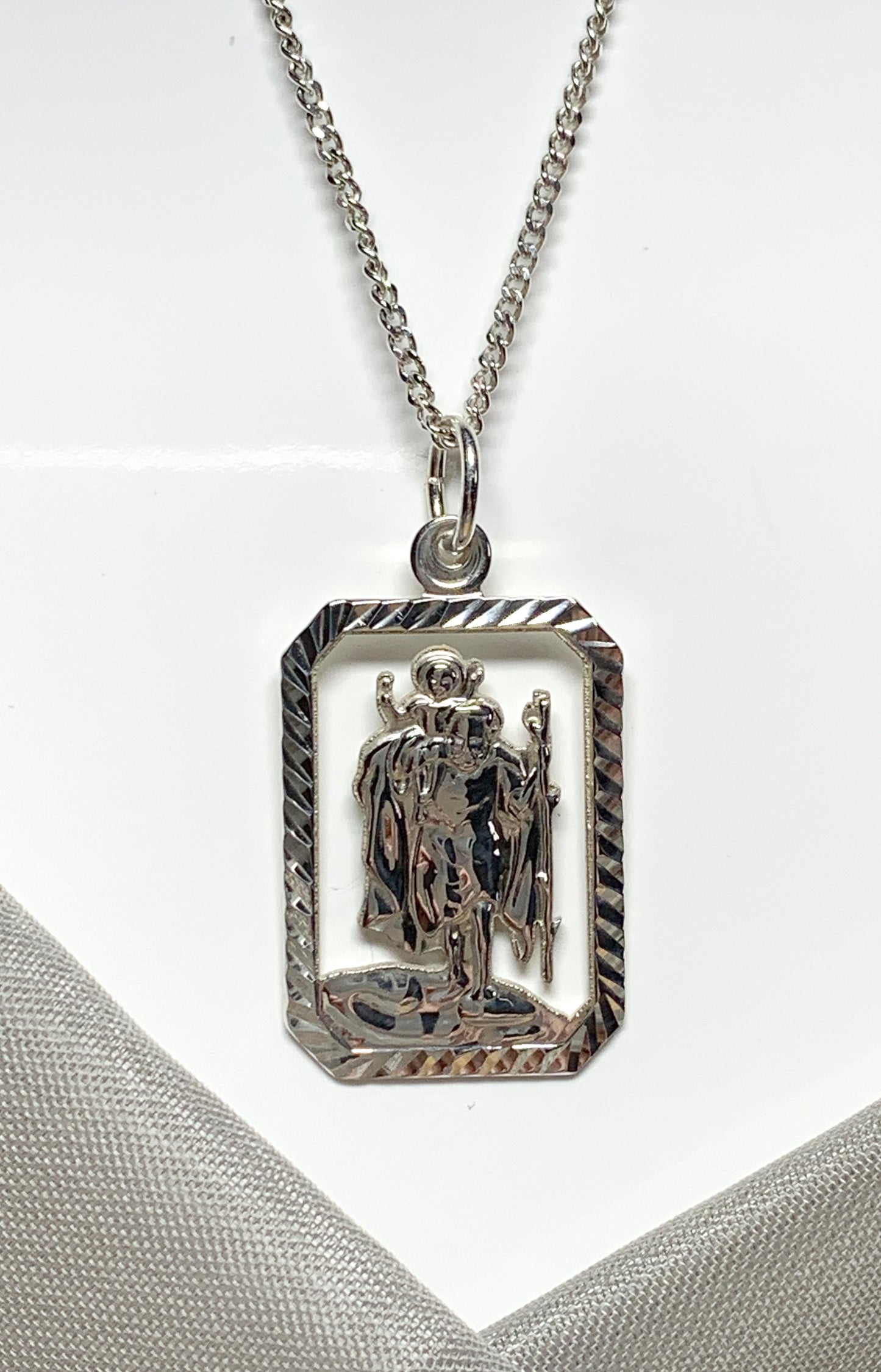 Mens solid sterling silver octagonal rectangle open pierced St.Christopher