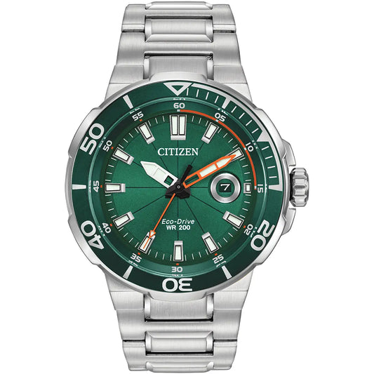 Mens Sport Citizen Watch Stainless Steel Eco-drive Green Dial And Green Bezel AW1428-53X