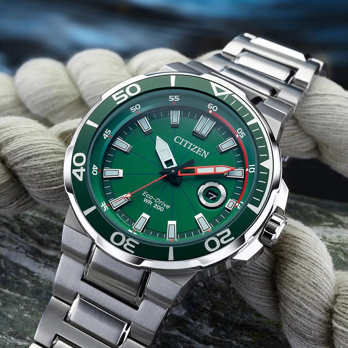 Mens Sport Citizen Watch Stainless Steel Eco-drive Green Dial And Green Bezel AW1428-53X