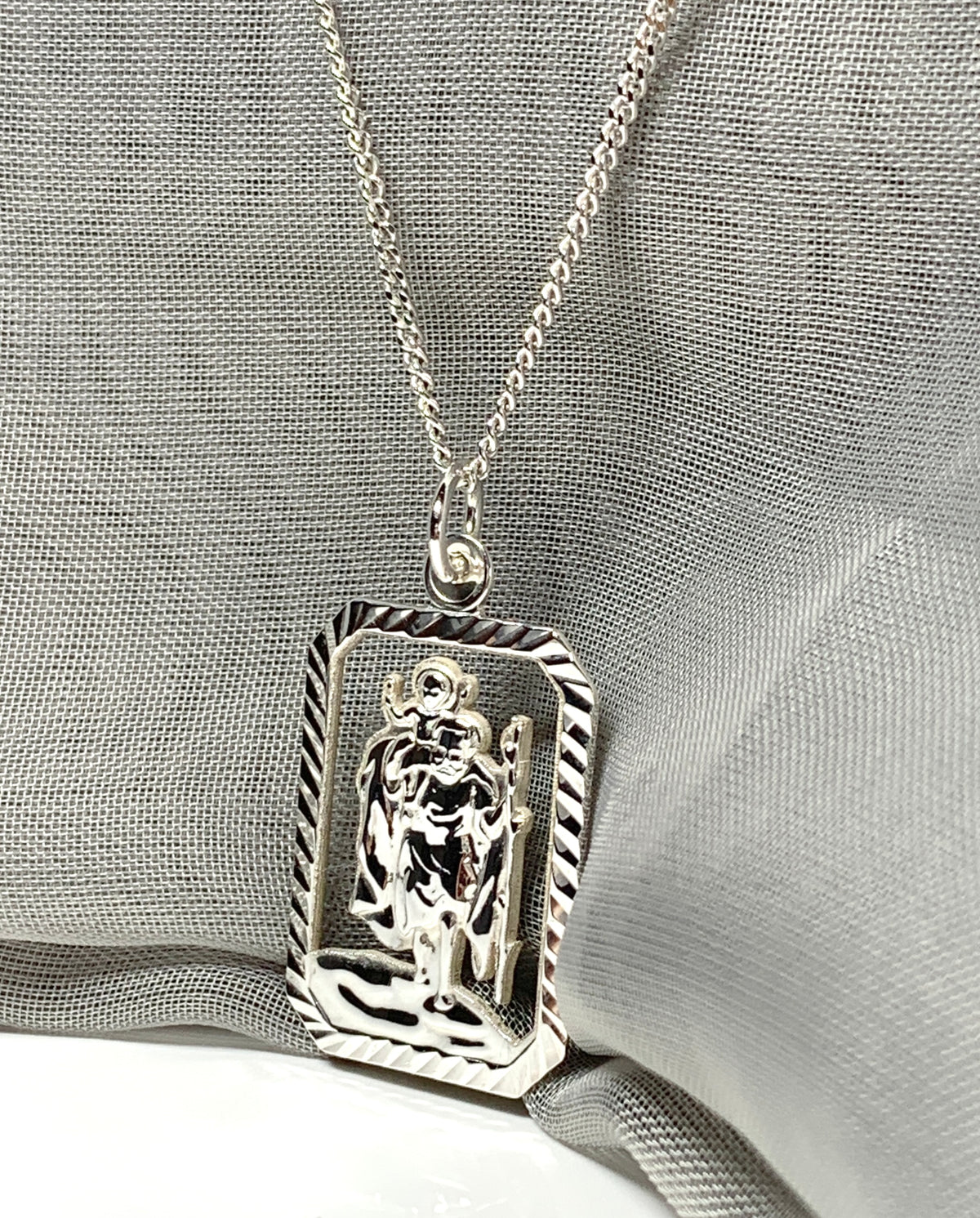 Mens solid sterling silver octagonal rectangle open pierced St.Christopher