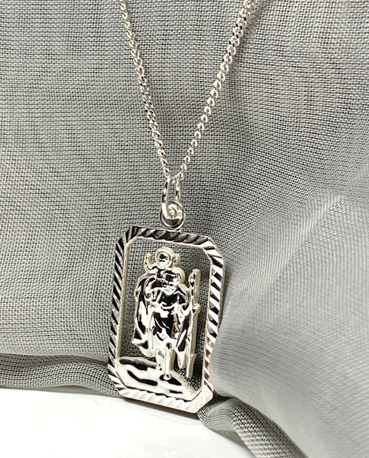 Mens solid sterling silver octagonal rectangle open pierced St.Christopher
