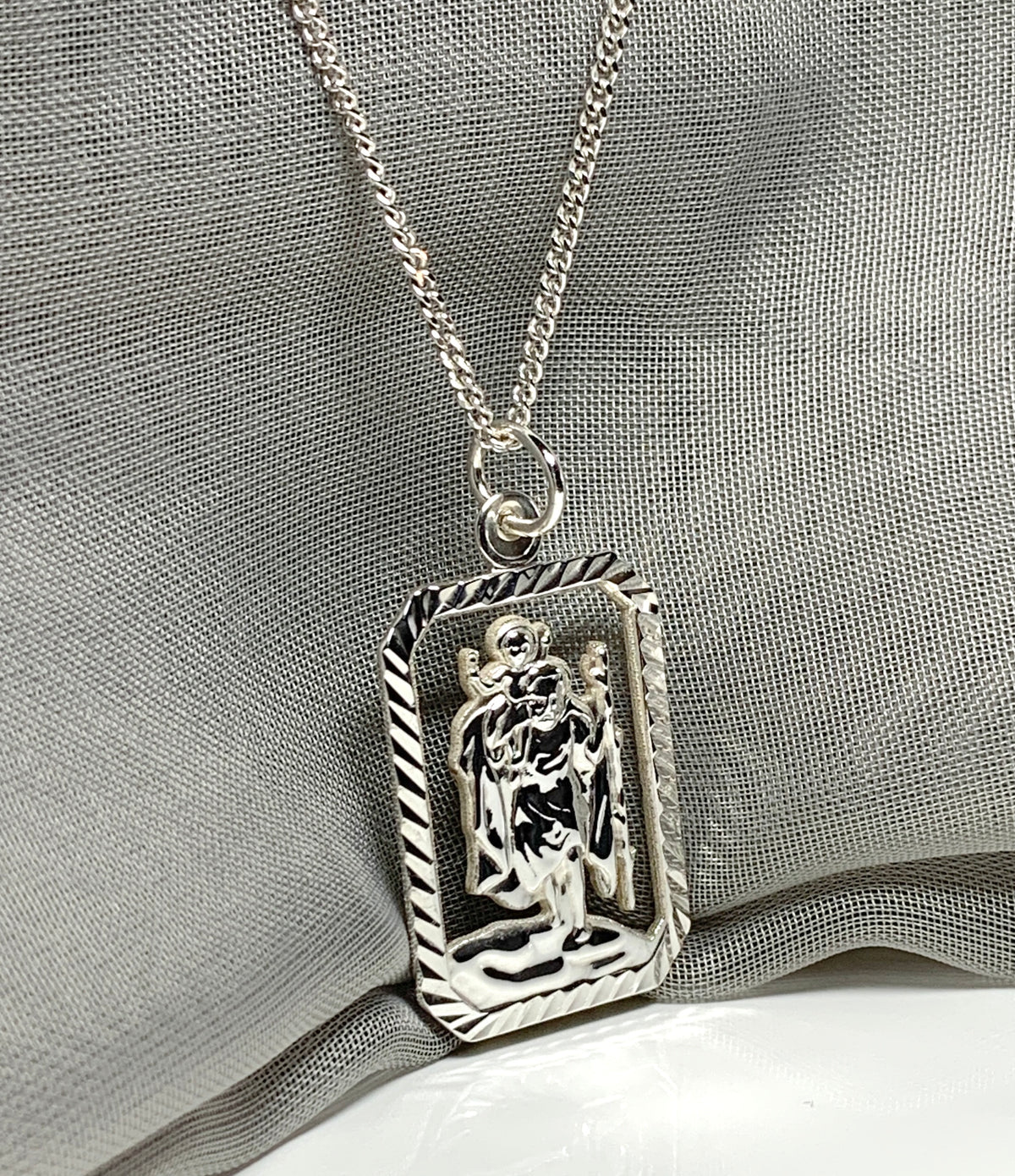 Mens solid sterling silver octagonal rectangle open pierced St.Christopher