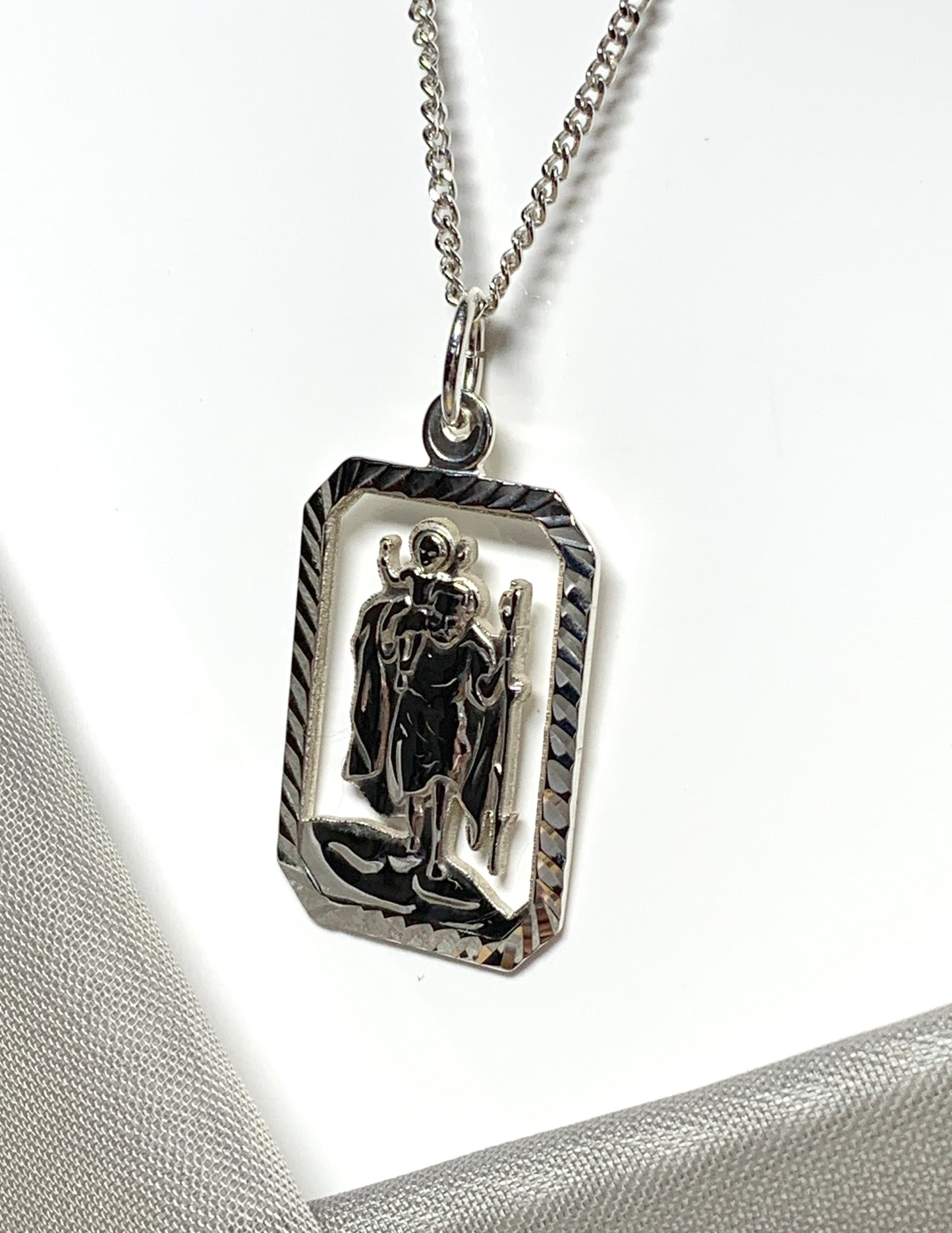 Mens solid sterling silver octagonal rectangle open pierced St.Christopher