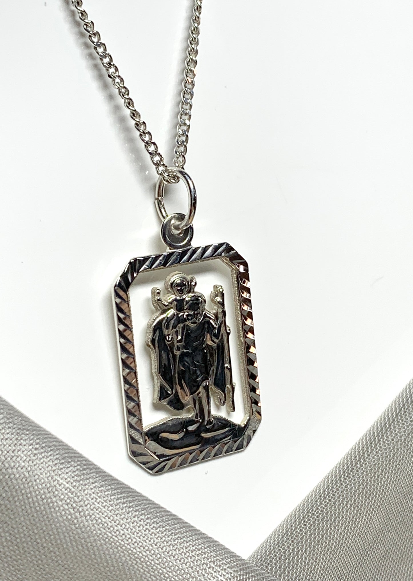 Mens solid sterling silver octagonal rectangle open pierced St.Christopher