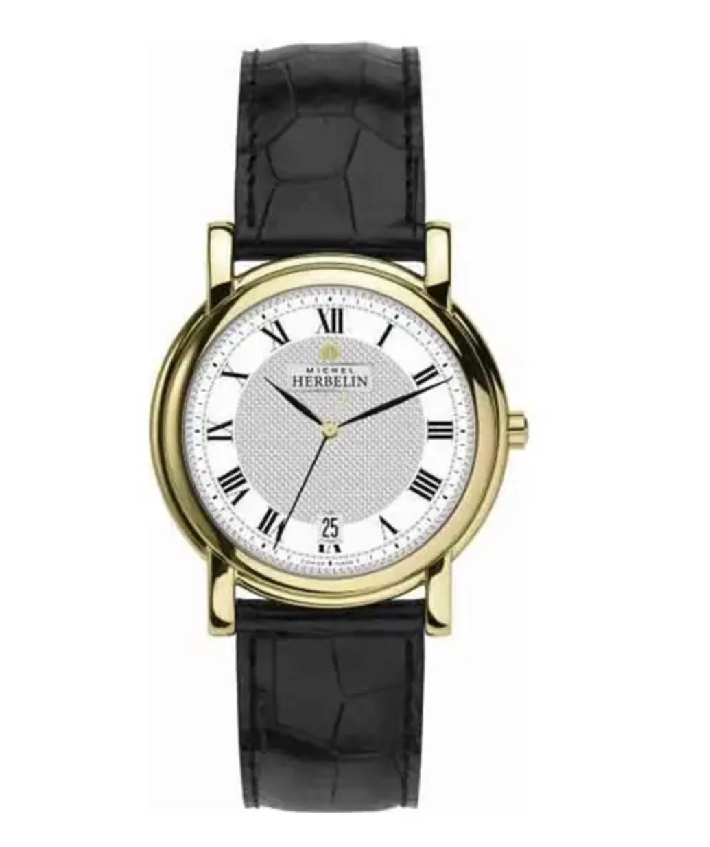 Michel Herbelin Watch Mens Round Black Strap Clear Dial Roman Numerals Date 12243 P08