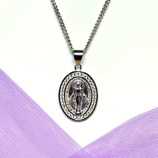 Miraculous necklace stone set solid sterling silver oval Mary Magdalene including chain