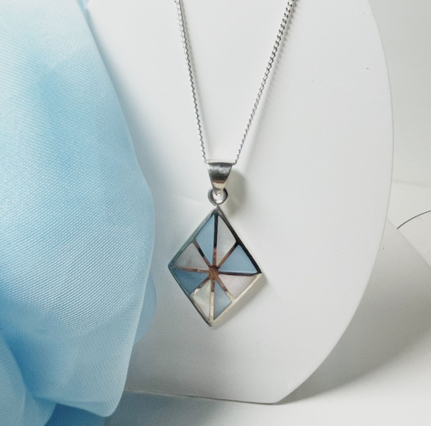 Mother Of Pearl Blue And Pink Kite Shaped Necklace