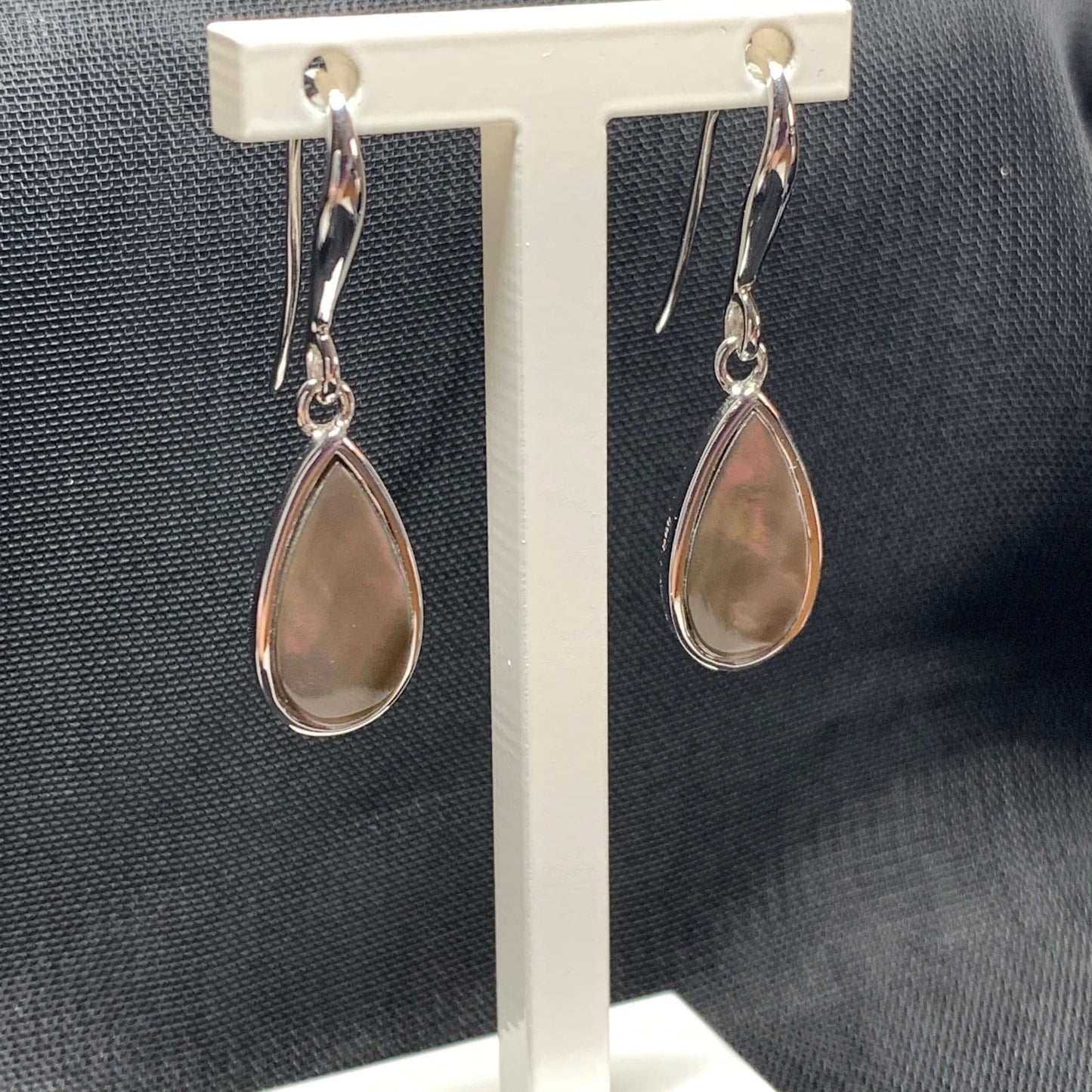 Black Mother of Pearl Pear Drop Sterling Silver Stud Earrings