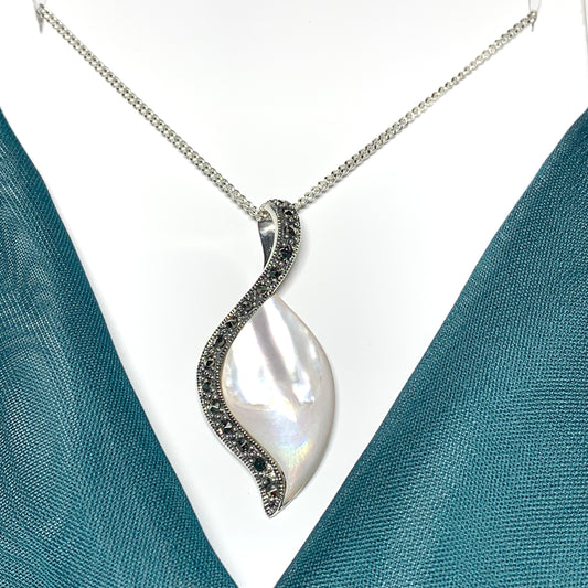Mother of Pearl marcasite large silver necklace