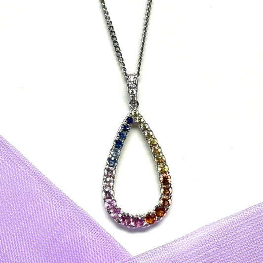 Multi Coloured Pear Shaped Sapphire And Diamond White Gold Necklace