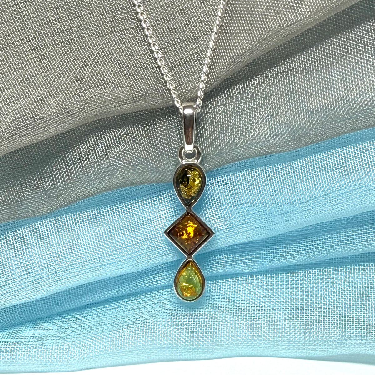 Multi coloured amber sterling silver necklace