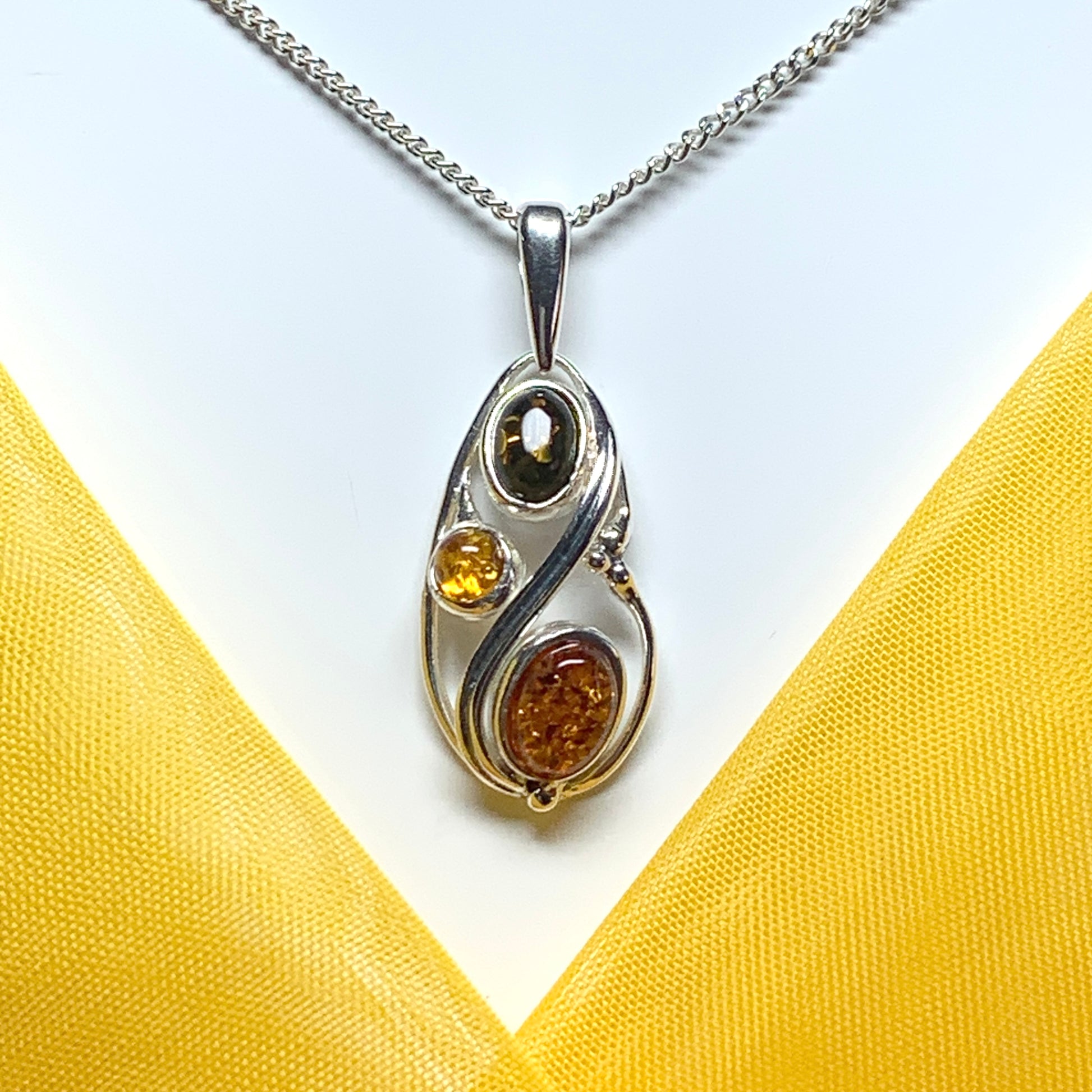 Multi coloured real amber sterling silver necklace