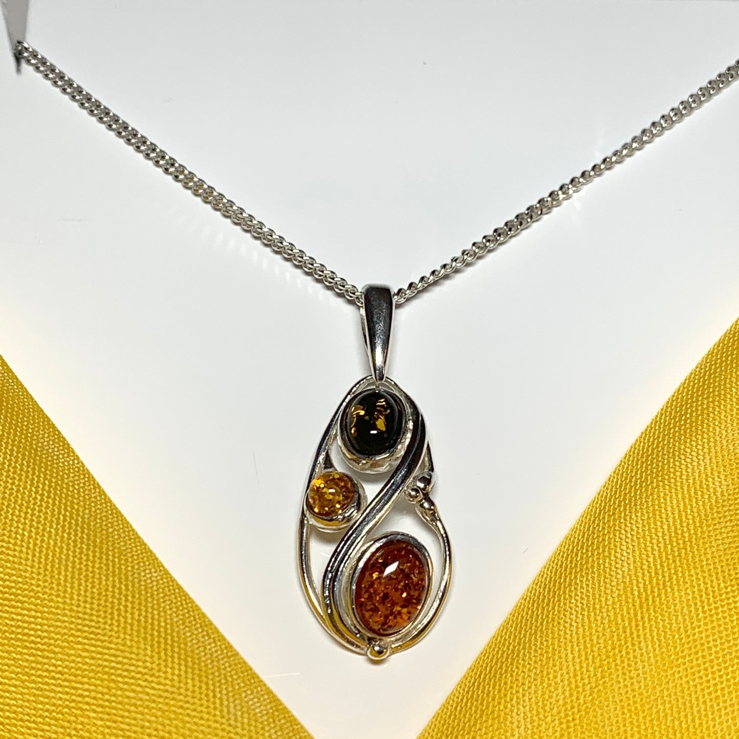 Multi coloured real amber sterling silver necklace