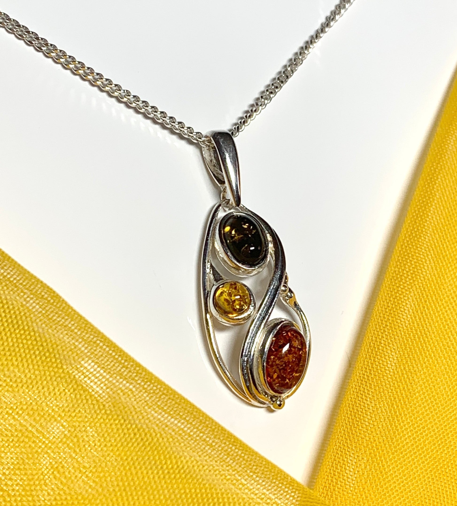 Multi coloured real amber sterling silver necklace