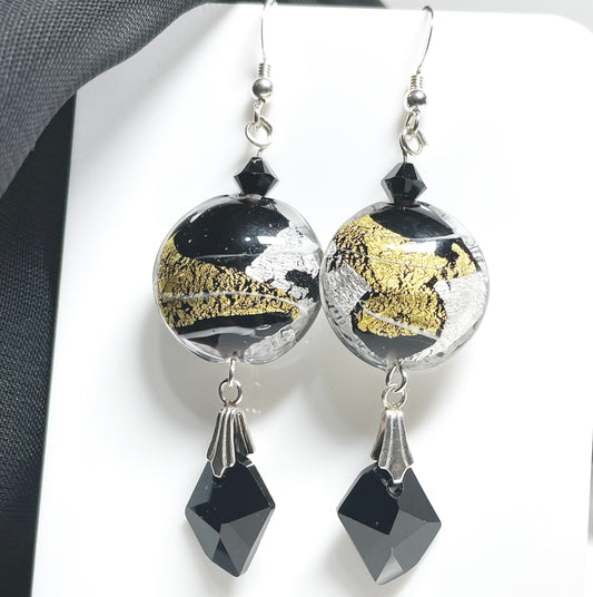 Black and gold Murano glass bead earrings with crystals