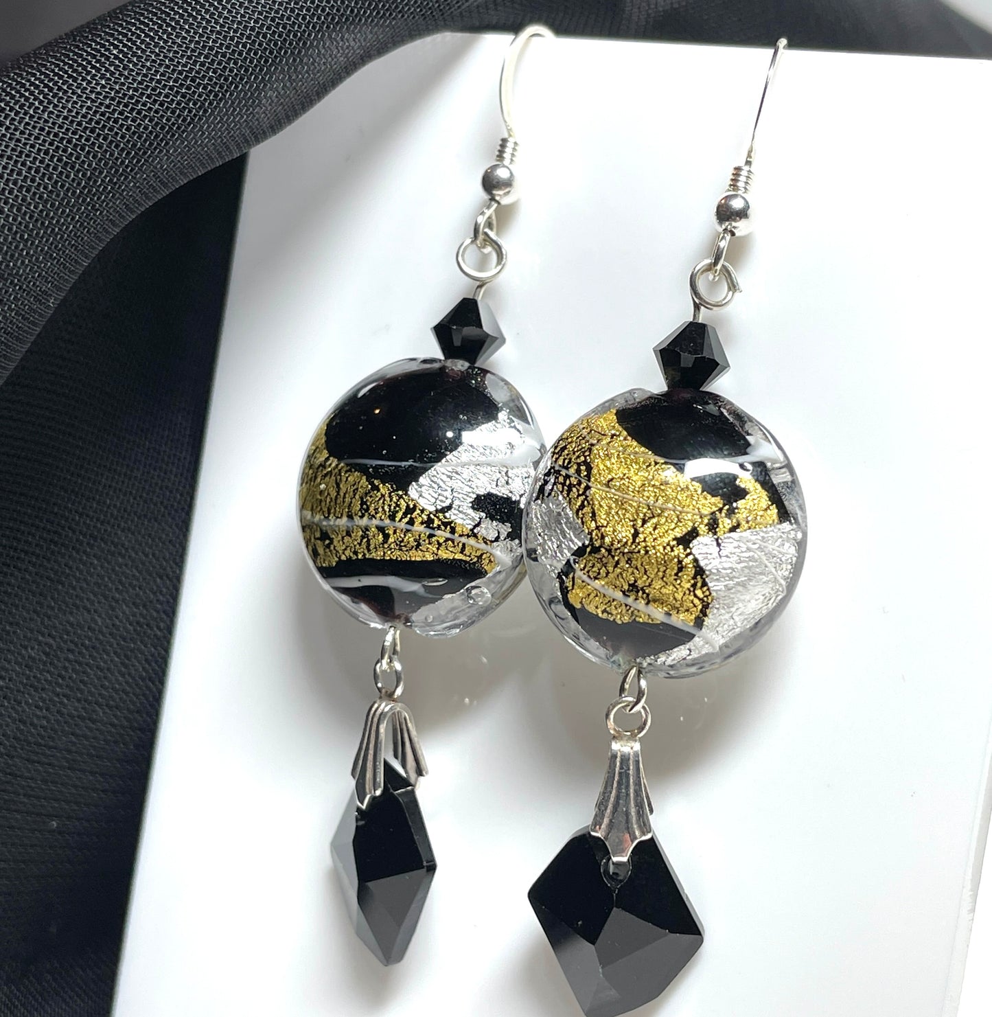 Black and gold Murano glass bead earrings with crystals