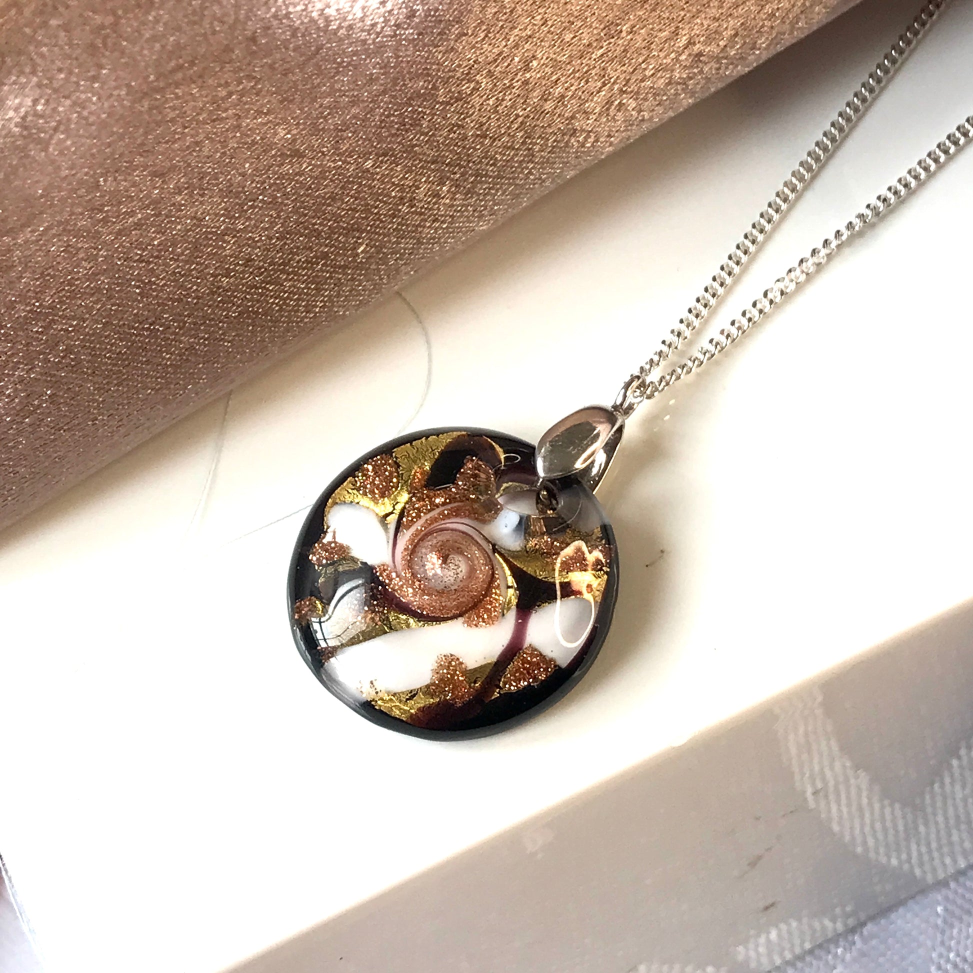 Murano Glass round necklace drop pendant black gold