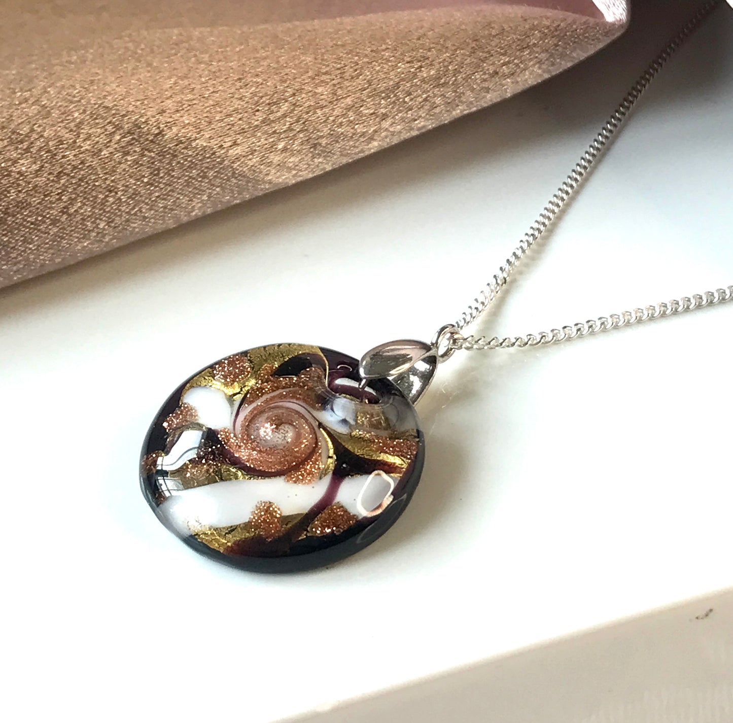 Murano Glass round necklace drop pendant black gold