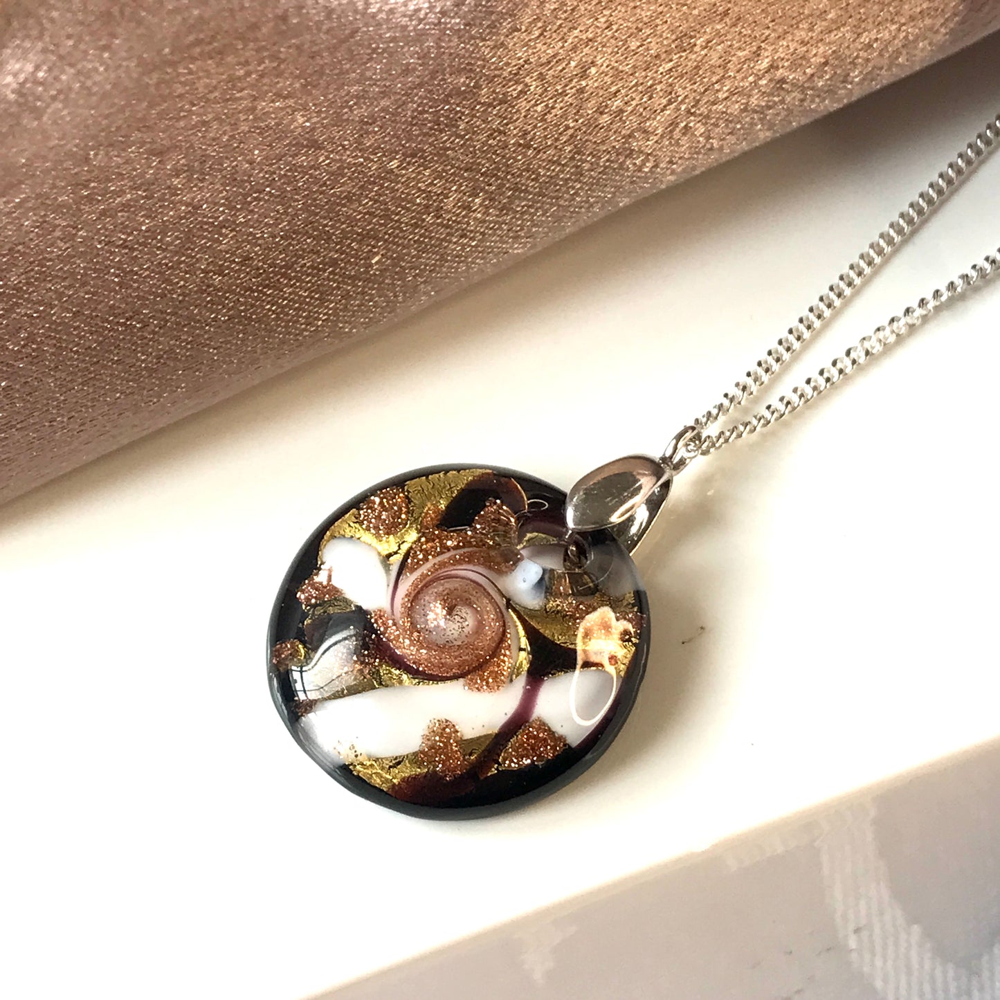 Murano Glass round necklace drop pendant black gold