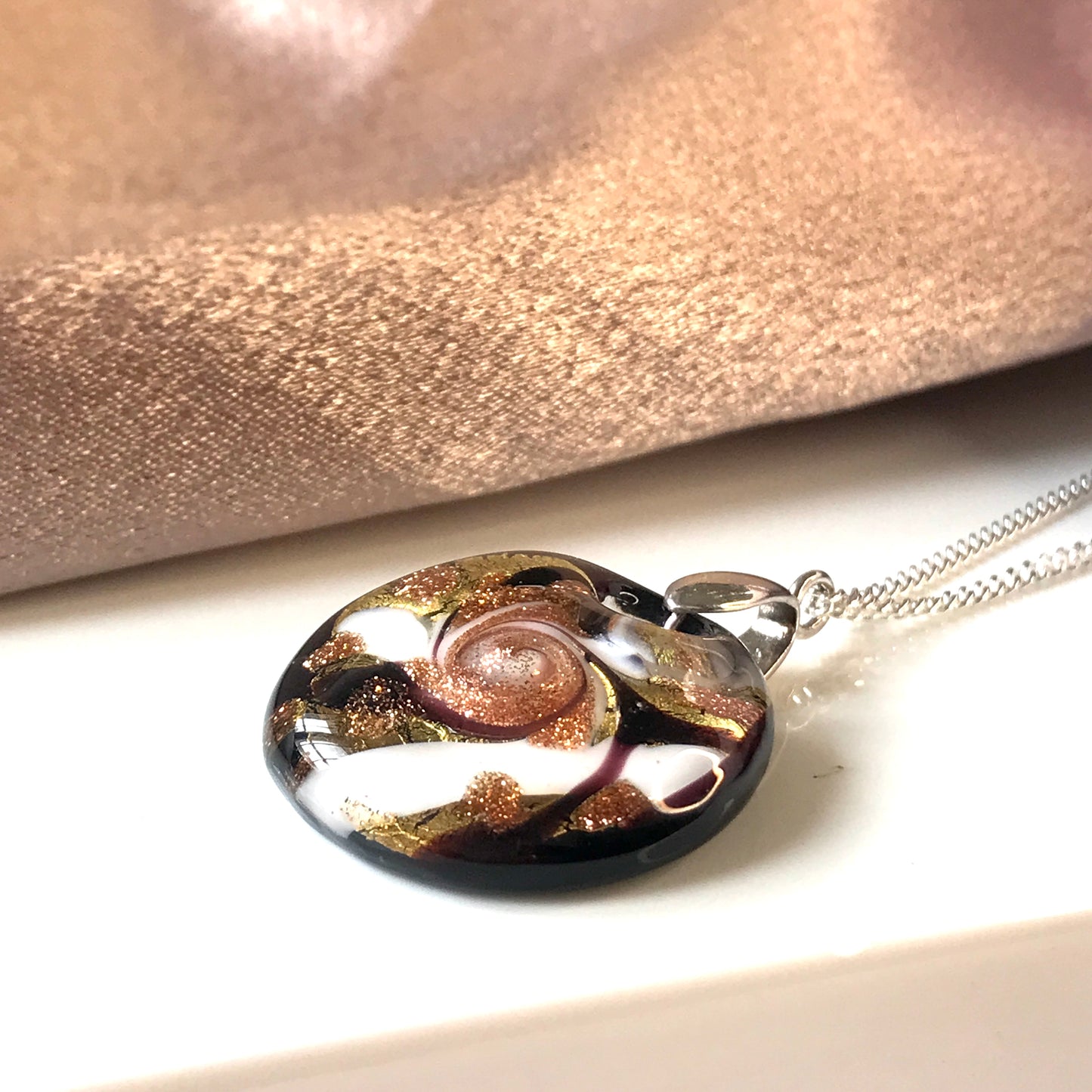 Murano Glass round necklace drop pendant black gold