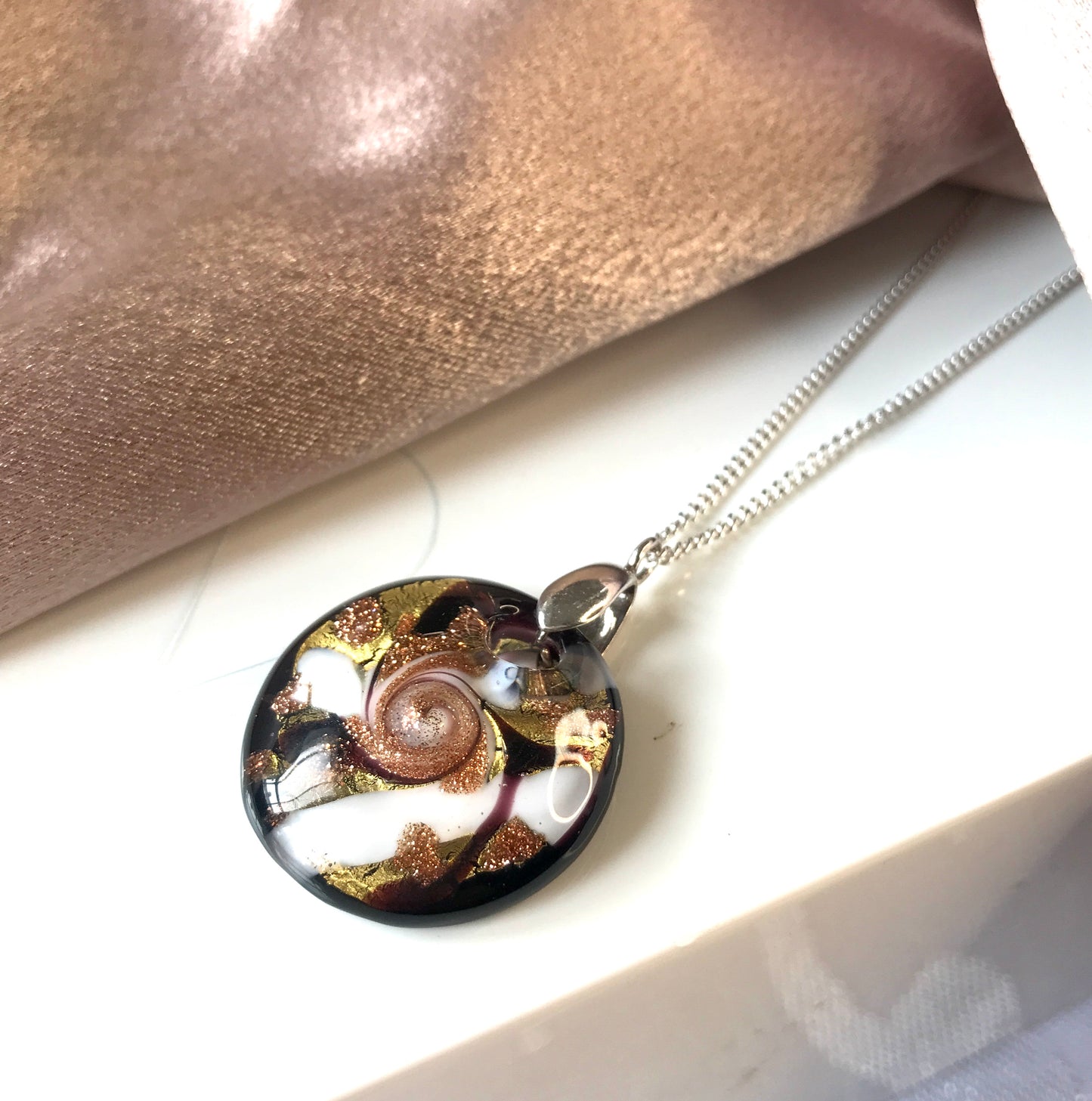 Murano Glass round necklace drop pendant black gold