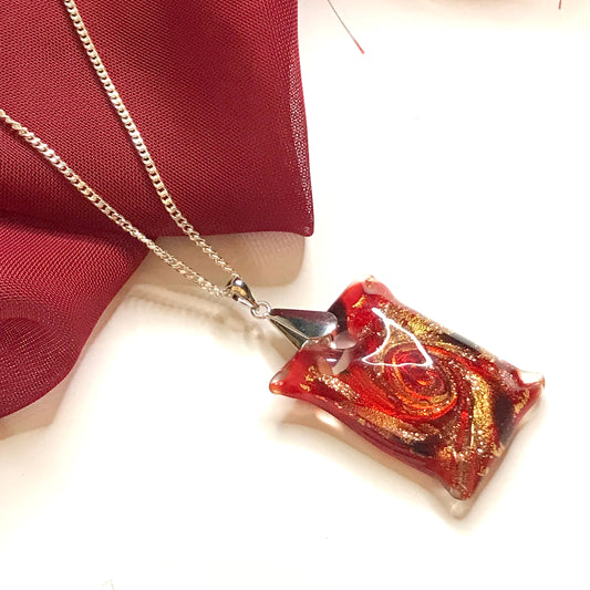 Murano glass deep red pillow shaped square necklace
