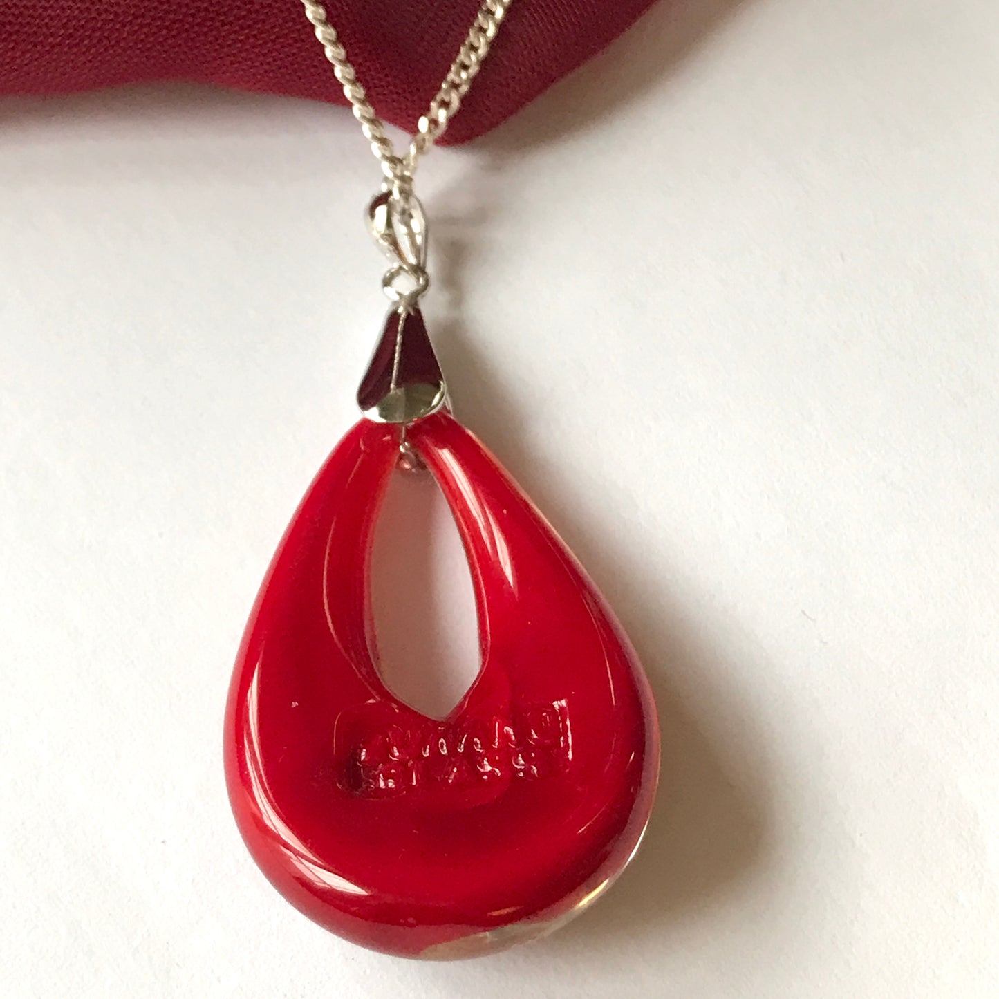 Murano glass necklace - Deep red and gold tear drop shape, back off showing the real Murano Glass stamp