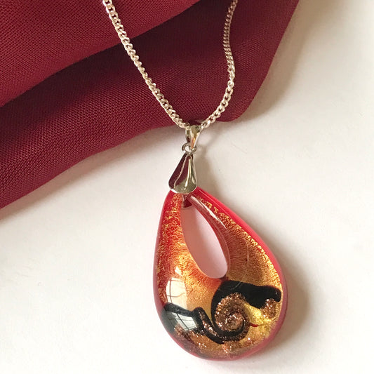 Murano glass necklace - Deep red and gold tear drop shape