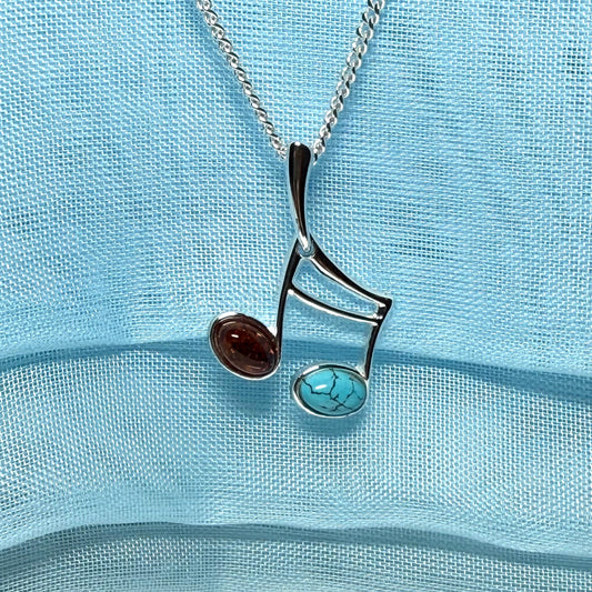 Musical note necklace real amber and turquoise sterling silver pendant