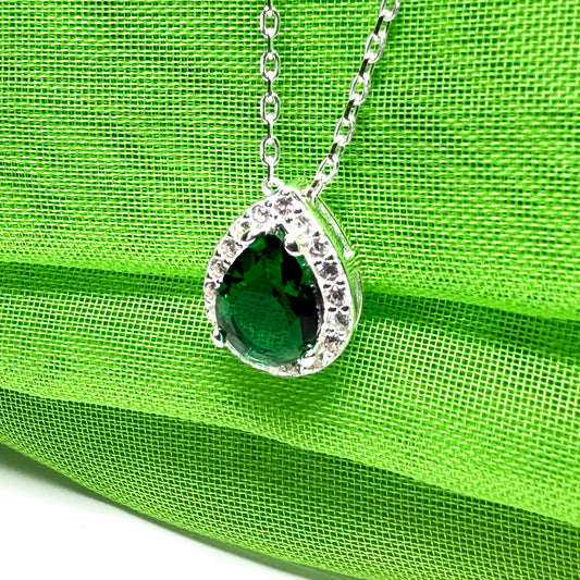 Necklace bright green and white cubic zirconia teardrop cluster dress pear shaped cocktail pendant