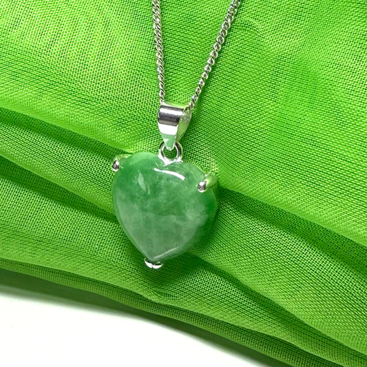 Necklace heart shaped sterling silver pendant with a love heart real green jade stone solid chain included