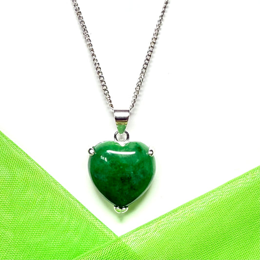 Necklace heart shaped sterling silver pendant with heart real green jade stone, a timeless design