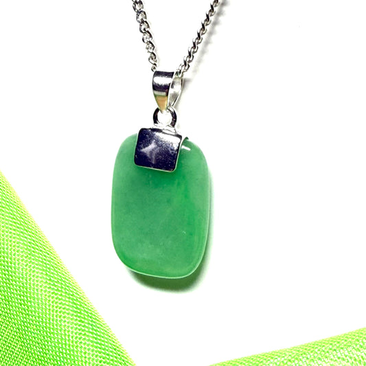 Jade necklace real green cushion shaped stone sterling silver solid chain included