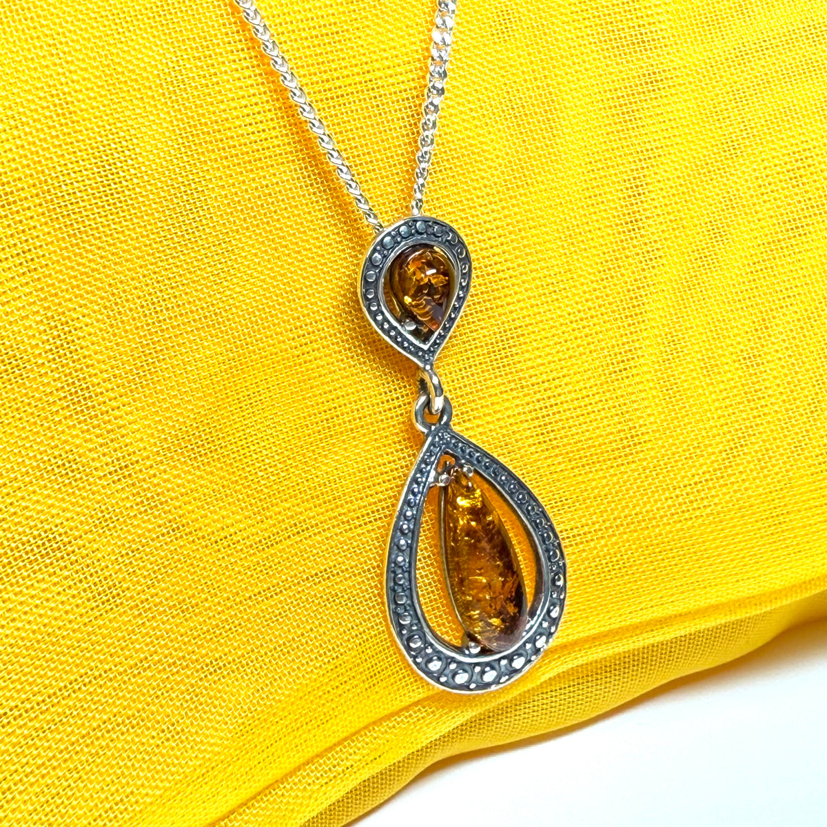 Necklace orange real amber double pear drop open sterling silver