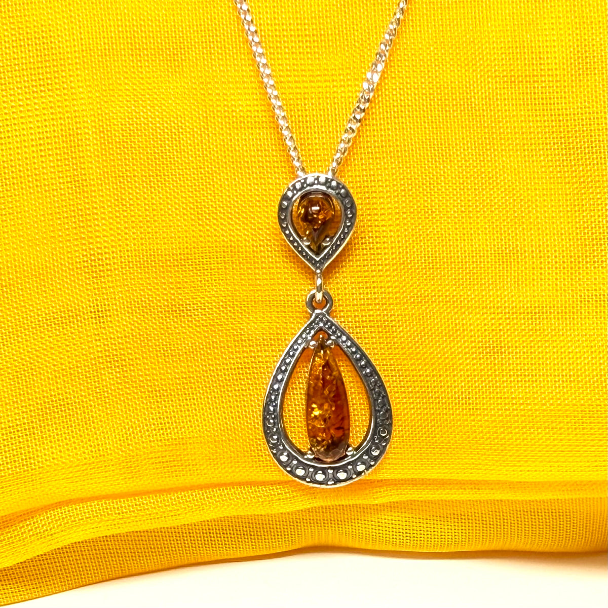 Necklace orange real amber double pear drop open sterling silver
