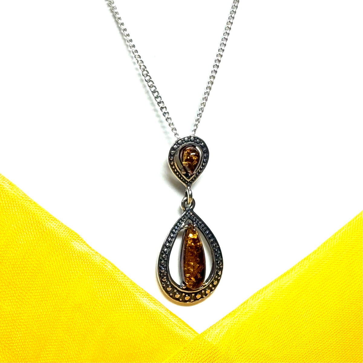 Necklace orange real amber double pear drop open sterling silver