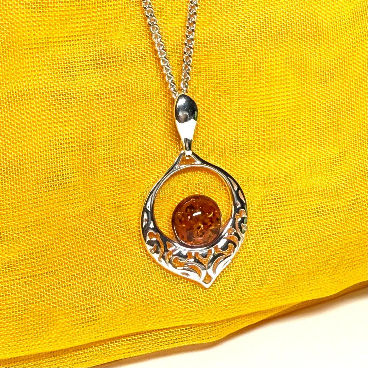 Necklace orange real amber open round drop sterling silver
